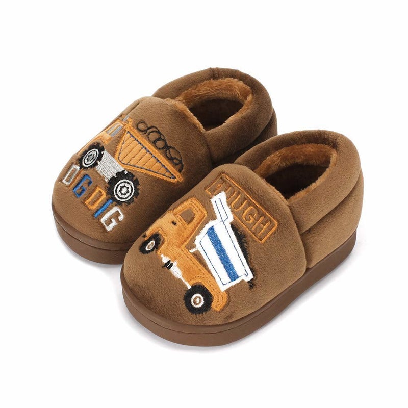 ESTAMICO Boys Girls Warm Slippers Cartoon Rocket Kids Winter Indoor Household Shoes, Brown 13.5-14 Little Kid - Image 1